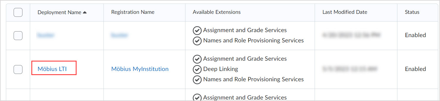 The Mobius LTI deployment is highlighted in the table under the Deployment Name column.